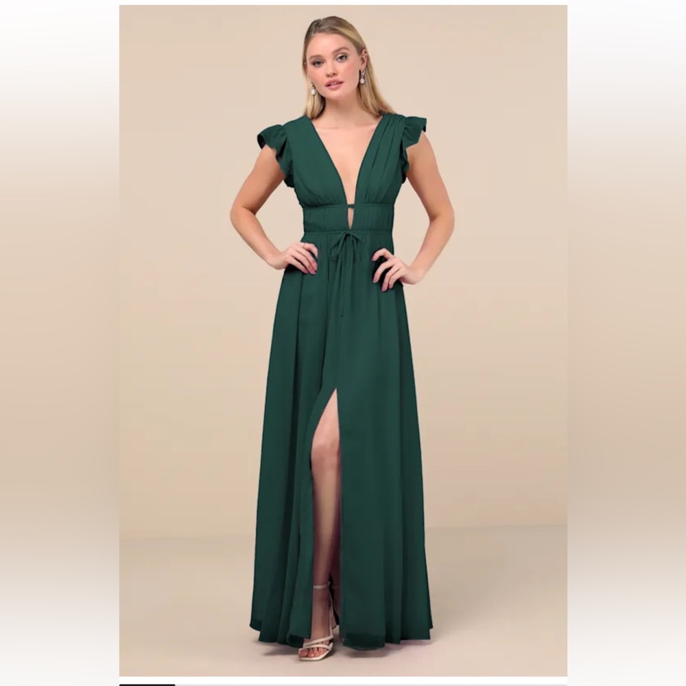 Lulu's Deep Green Maxi Dress with Ruffled Sleeves